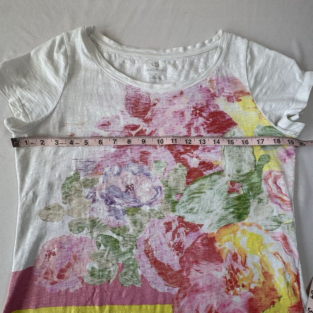 Lands End Floral Tee Womens Medium Pink Yellow Striped Casual Summer Top - Picture 5 of 6